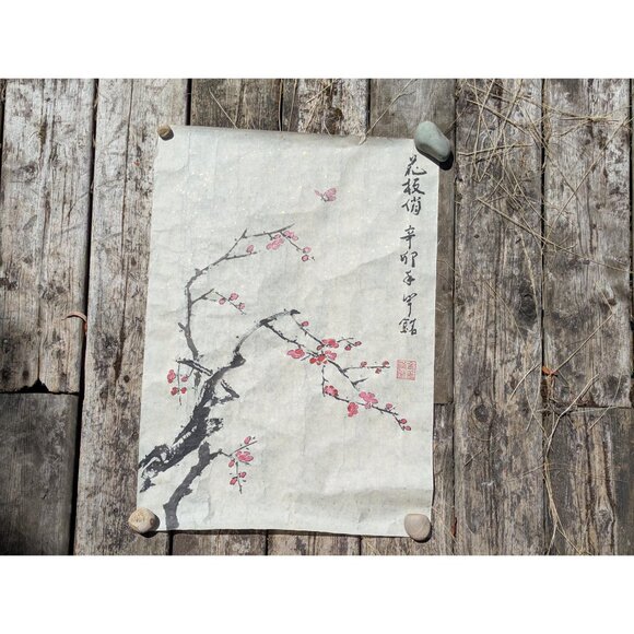 Vintage Japanese ink drawing Cherry blossom on gold flecked rice paper - Picture 7 of 10